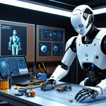 **A robot technician meticulously maintaining a humanoid robot in a futuristic workshop, surrounded by tools and holographic schematics.** (Focus: Robot Technology Expert - maintenance, advanced tech)