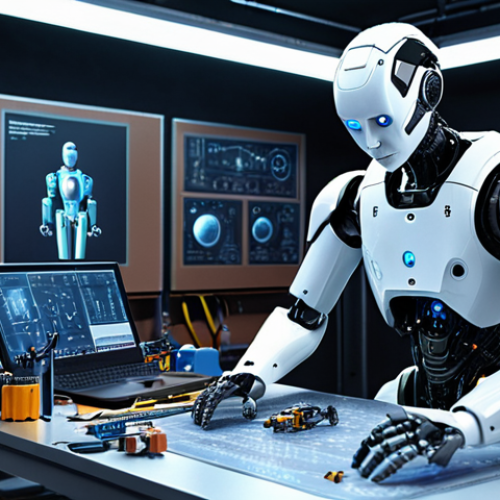Home 4 **A robot technician meticulously maintaining a humanoid robot in a futuristic workshop, surrounded by tools and holographic schematics.** (Focus: Robot Technology Expert - maintenance, advanced tech)