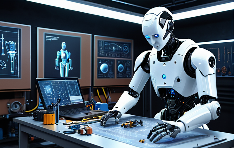 **A robot technician meticulously maintaining a humanoid robot in a futuristic workshop, surrounded by tools and holographic schematics.** (Focus: Robot Technology Expert - maintenance, advanced tech)